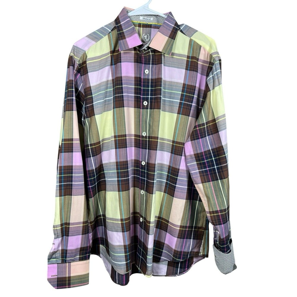 Bugatchi Uomo Mens L‎ Shirt Button Front Purple 100% Cotton Plaid Embroidered